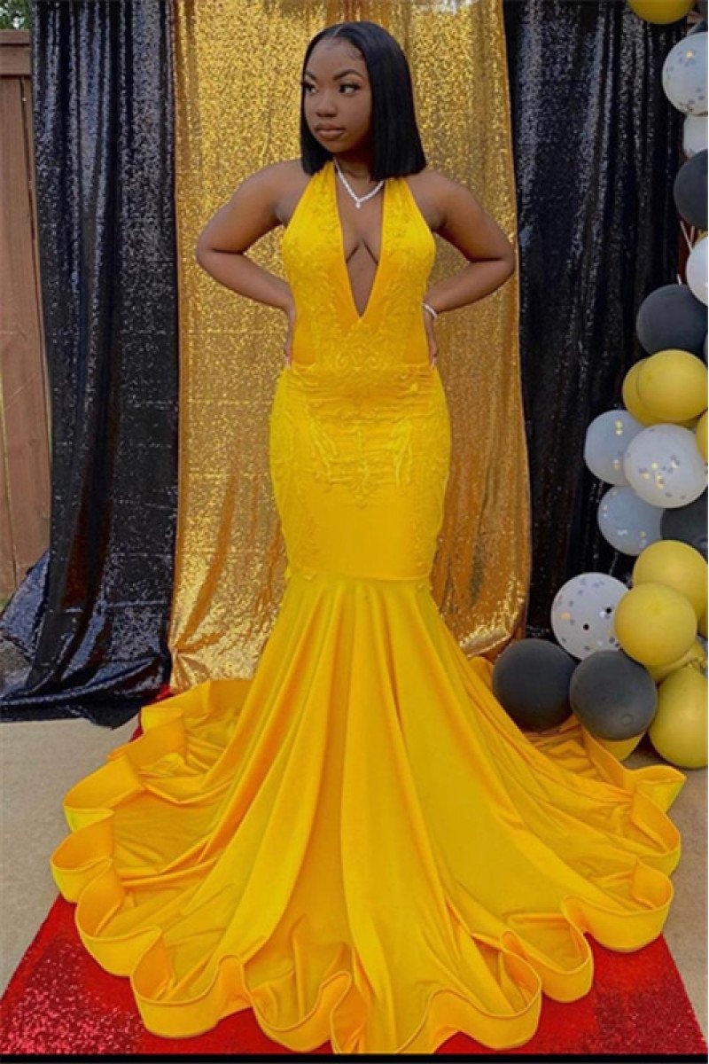 New Arrival Hot Yellow Mermaid Halter Sleeveless Prom Dresses With Appliques