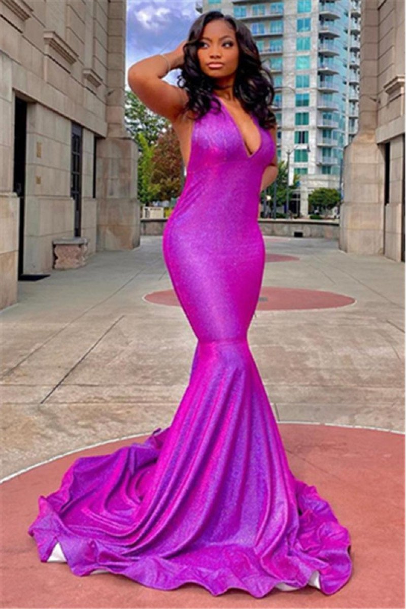 Trendy Purple Sequins Halter Backless Mermaid Prom Dresses