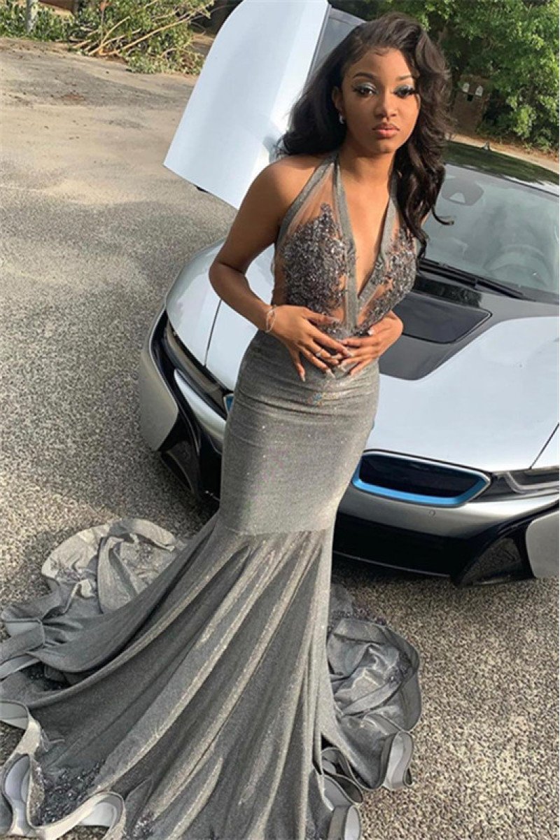 Newest Gray Halter Sequins Appliques Mermaid Prom Dresses