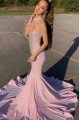 Glamorous Pink Sleeveless Halter Sexy Mermaid Prom Dress with Beading