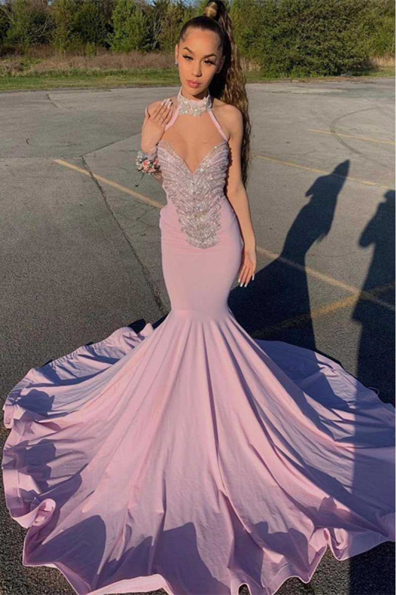 Glamorous Pink Sleeveless Halter Sexy Mermaid Prom Dress with Beading