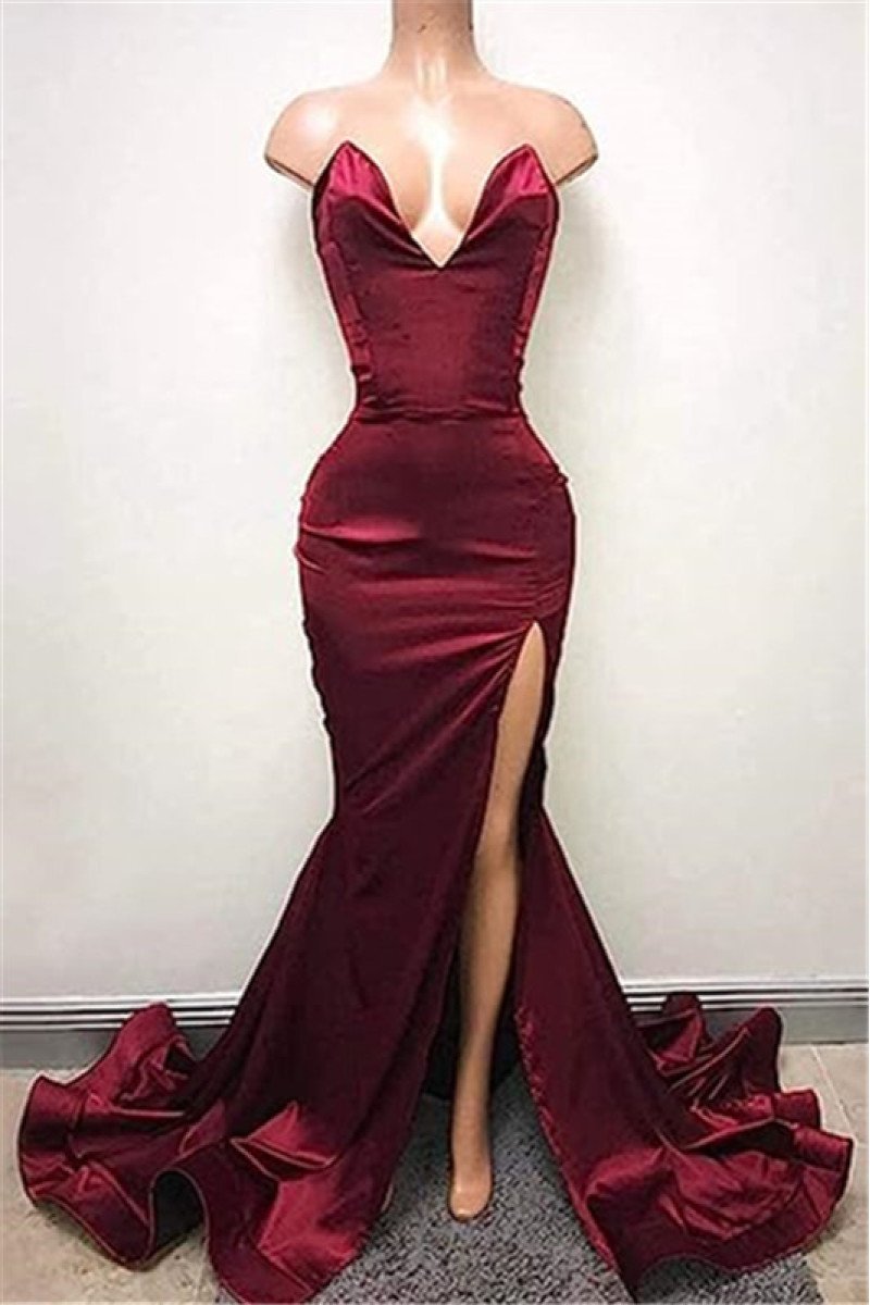 Simple Burgundy Sweetheart Mermaid Side Slit Prom Dresses