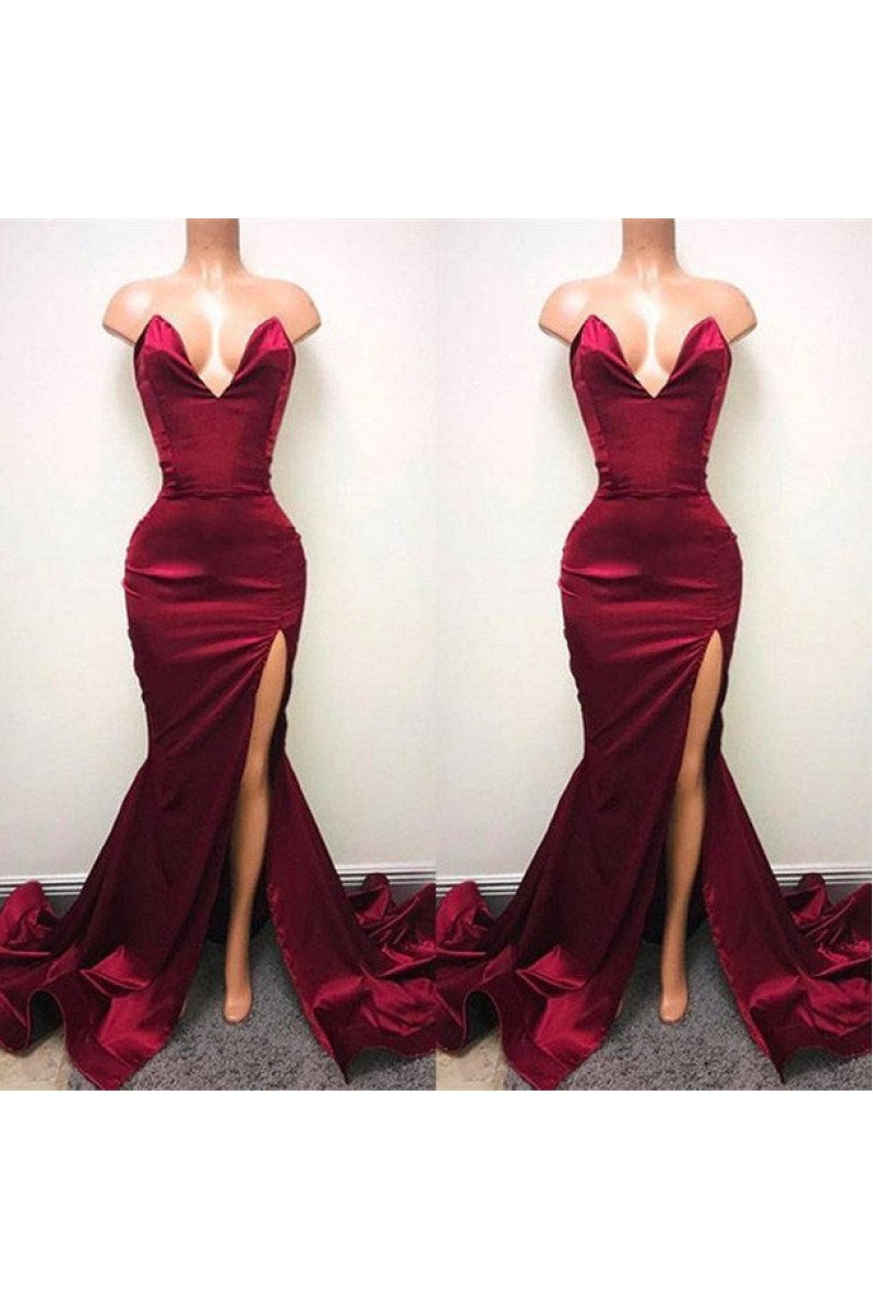 Simple Burgundy Sweetheart Mermaid Side Slit Prom Dresses