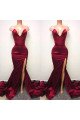 Simple Burgundy Sweetheart Mermaid Side Slit Prom Dresses