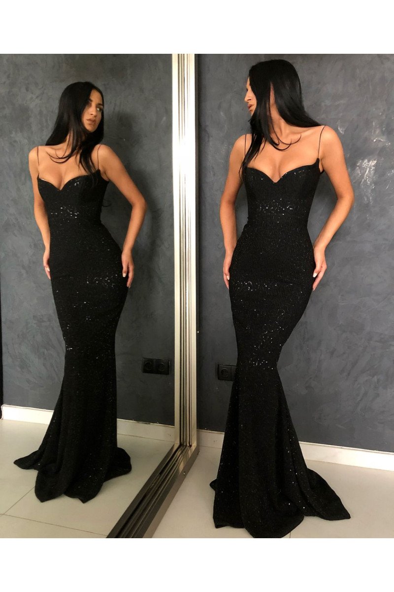 Simple Black Spaghetti Straps Sequins Sheath Prom Dress