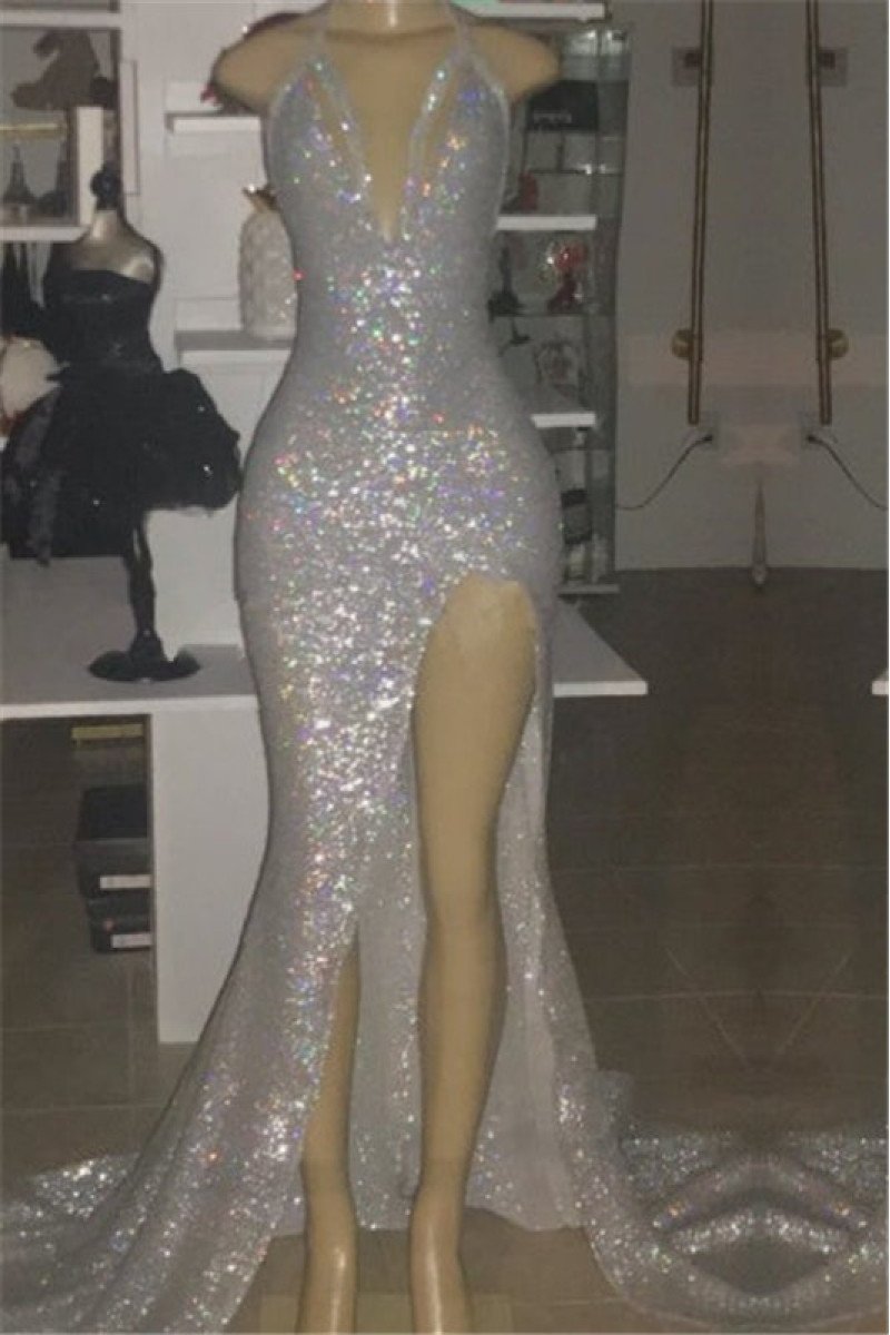 Silver Sheath Side Slit Sleeveless Halter Sequins Prom Dress