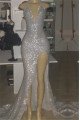 Silver Sheath Side Slit Sleeveless Halter Sequins Prom Dress