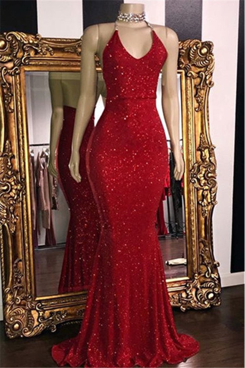 Glamorous Red Sequins Open Back Halter Simple Prom Dresses