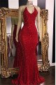 Glamorous Red Sequins Open Back Halter Simple Prom Dresses