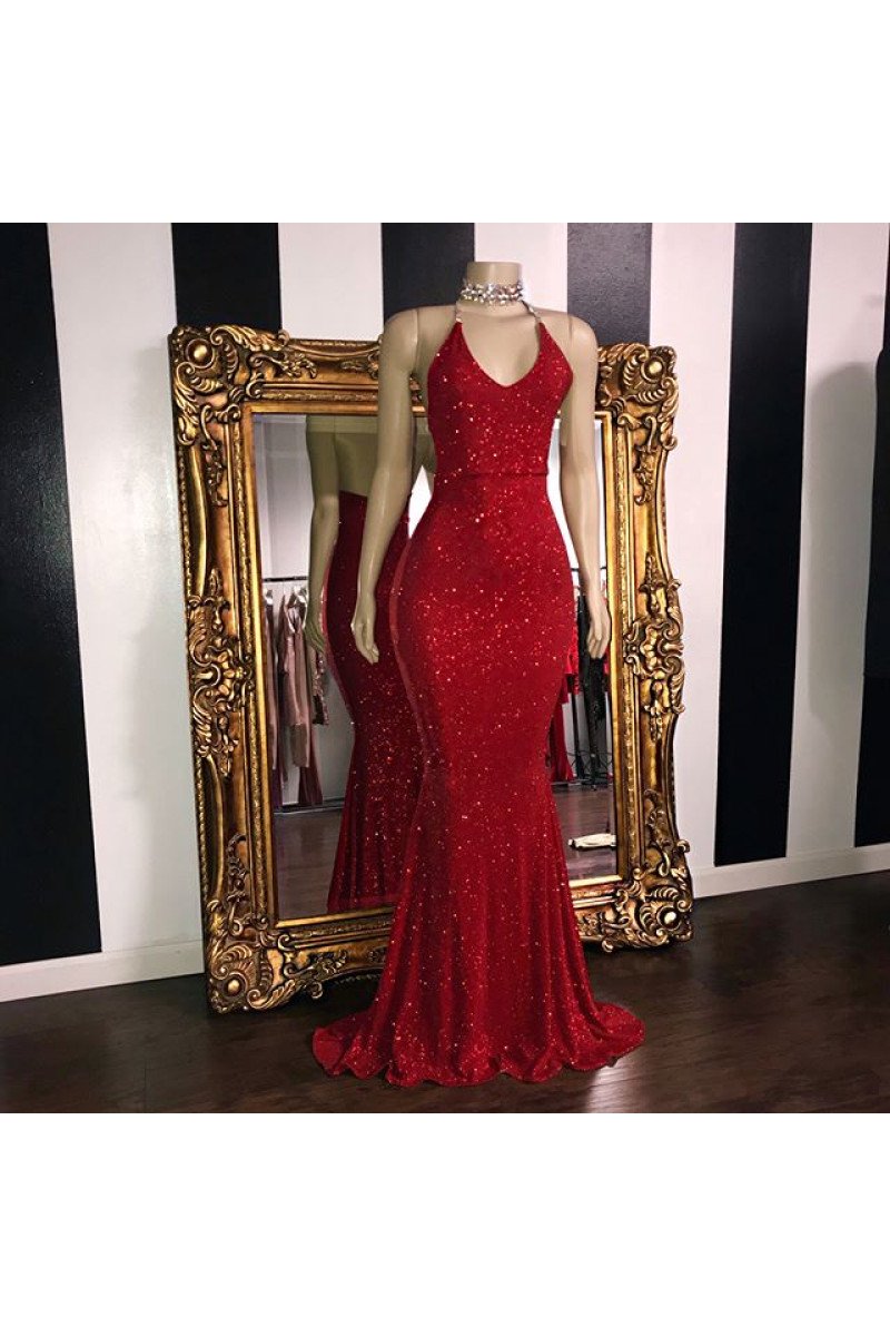 Glamorous Red Sequins Open Back Halter Simple Prom Dresses