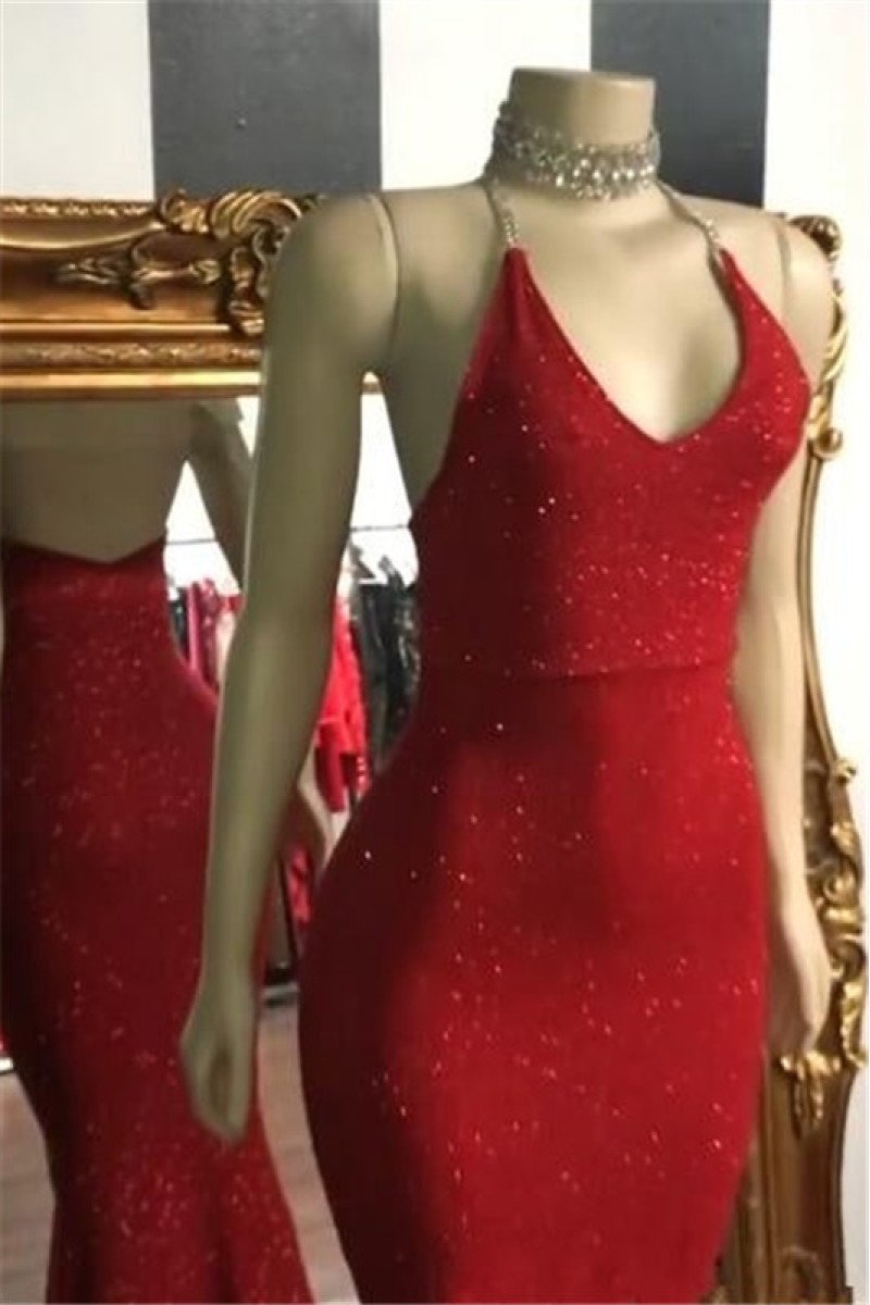 Glamorous Red Sequins Open Back Halter Simple Prom Dresses