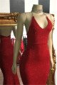 Glamorous Red Sequins Open Back Halter Simple Prom Dresses