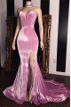 Gorgeous Pink Sweetheart Velvet Side Slit Prom Dresses