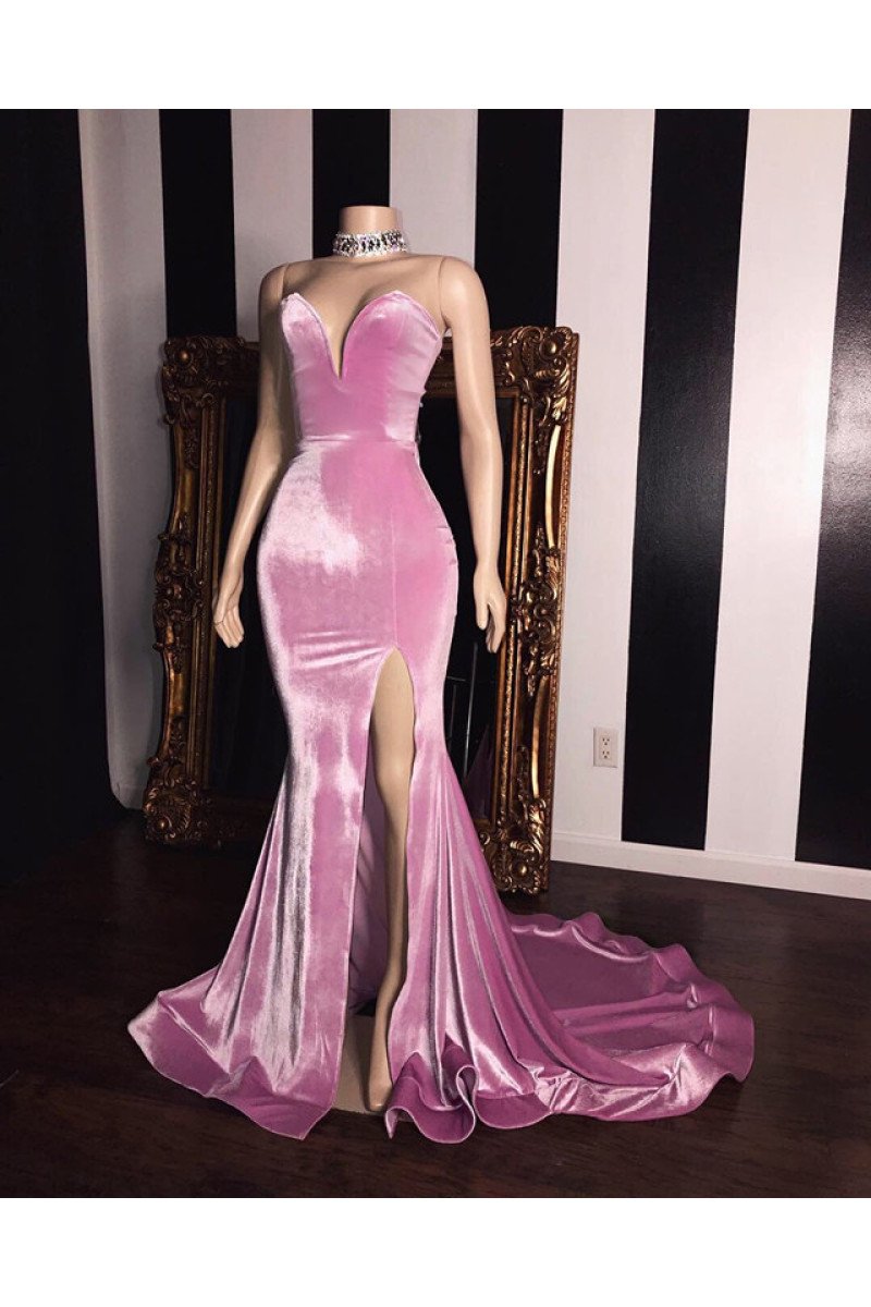 Gorgeous Pink Sweetheart Velvet Side Slit Prom Dresses