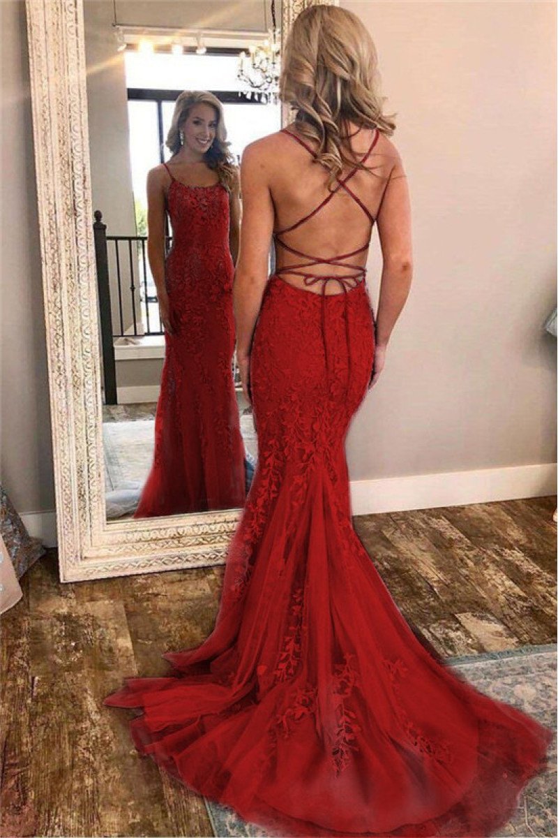 Elegant Rust Appliques Backless Spaghetti Straps Evening Dresses