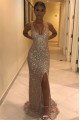 Blingling Champagne Sequins V-Neck Sleeveless Side Slit Sheath Prom Dresses