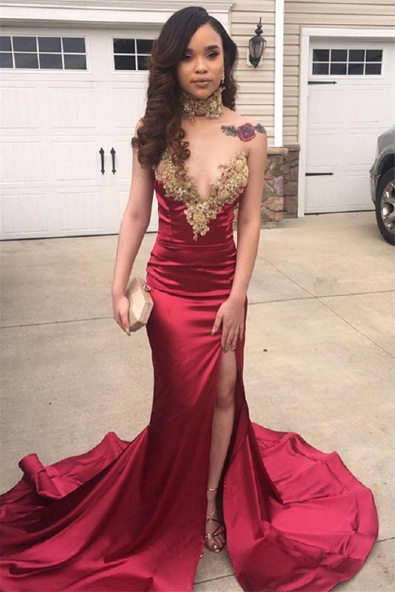 Burgundy Sweetheart Appliques Sheath Sexy Prom Dresses with Split