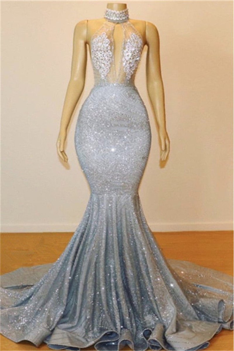 Glamorous Silver High Neck Mermaid Sequins Sleeveless Prom Dresses