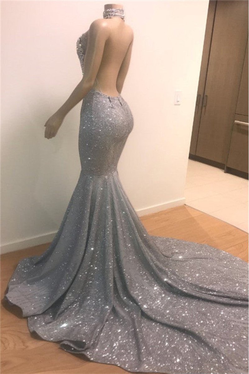 Glamorous Silver High Neck Mermaid Sequins Sleeveless Prom Dresses