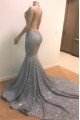 Glamorous Silver High Neck Mermaid Sequins Sleeveless Prom Dresses