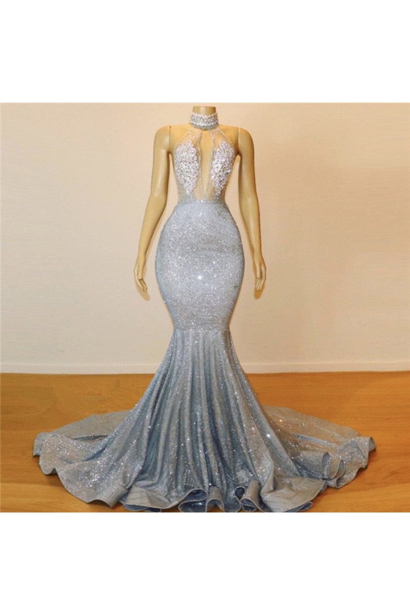 Glamorous Silver High Neck Mermaid Sequins Sleeveless Prom Dresses