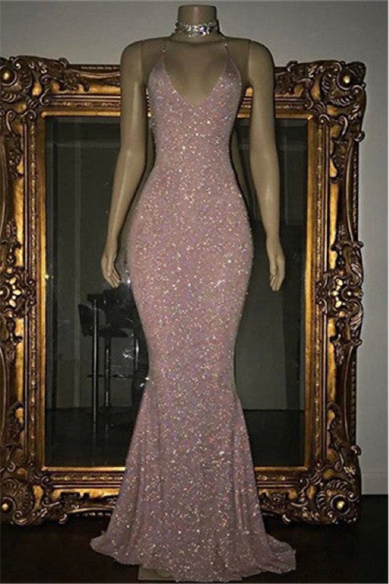 Simple Pink Spaghetti Straps Open Back Sequins Prom Dresses