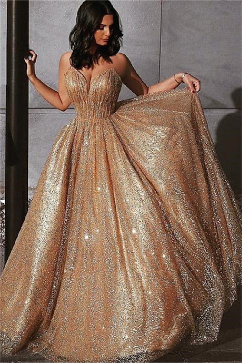 Blingbling Gold Backless Spaghetti Straps A-Line Sequins Evening Dresses