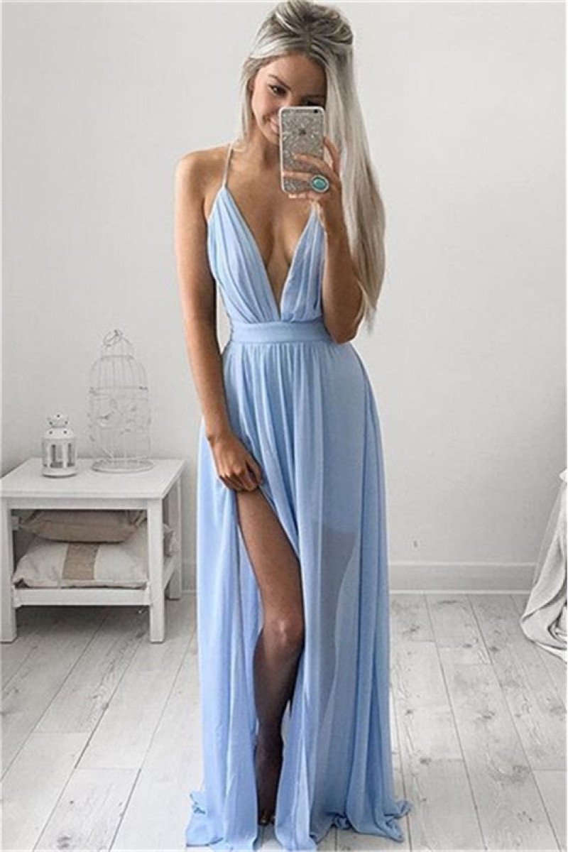 Simple Deep V-Neck Sky Blue Sleeves Chiffon Ruffles Prom Dresses