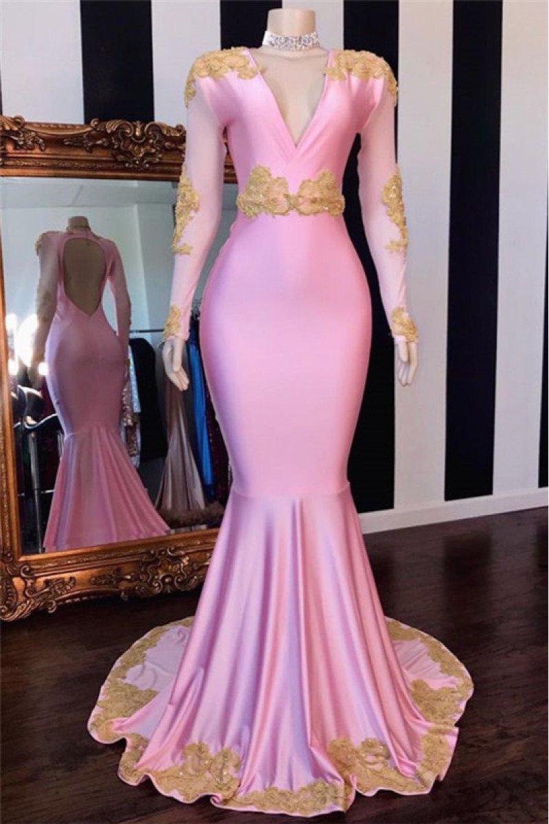 Newest Candy Pink V-Neck Long Sleeves Appliques Prom Dresses