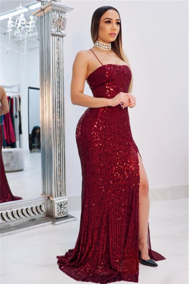 Sparkly Spaghetti Straps Sequins Sheath Side Slit Prom Dresses