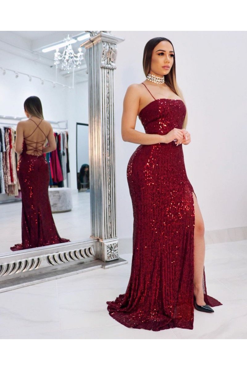 Sparkly Spaghetti Straps Sequins Sheath Side Slit Prom Dresses