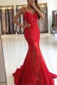 Elegant Red Spaghetti Straps Mermaid Evening Dresses With Appliques