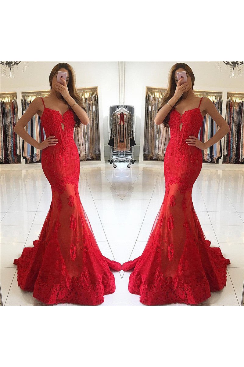 Elegant Red Spaghetti Straps Mermaid Evening Dresses With Appliques