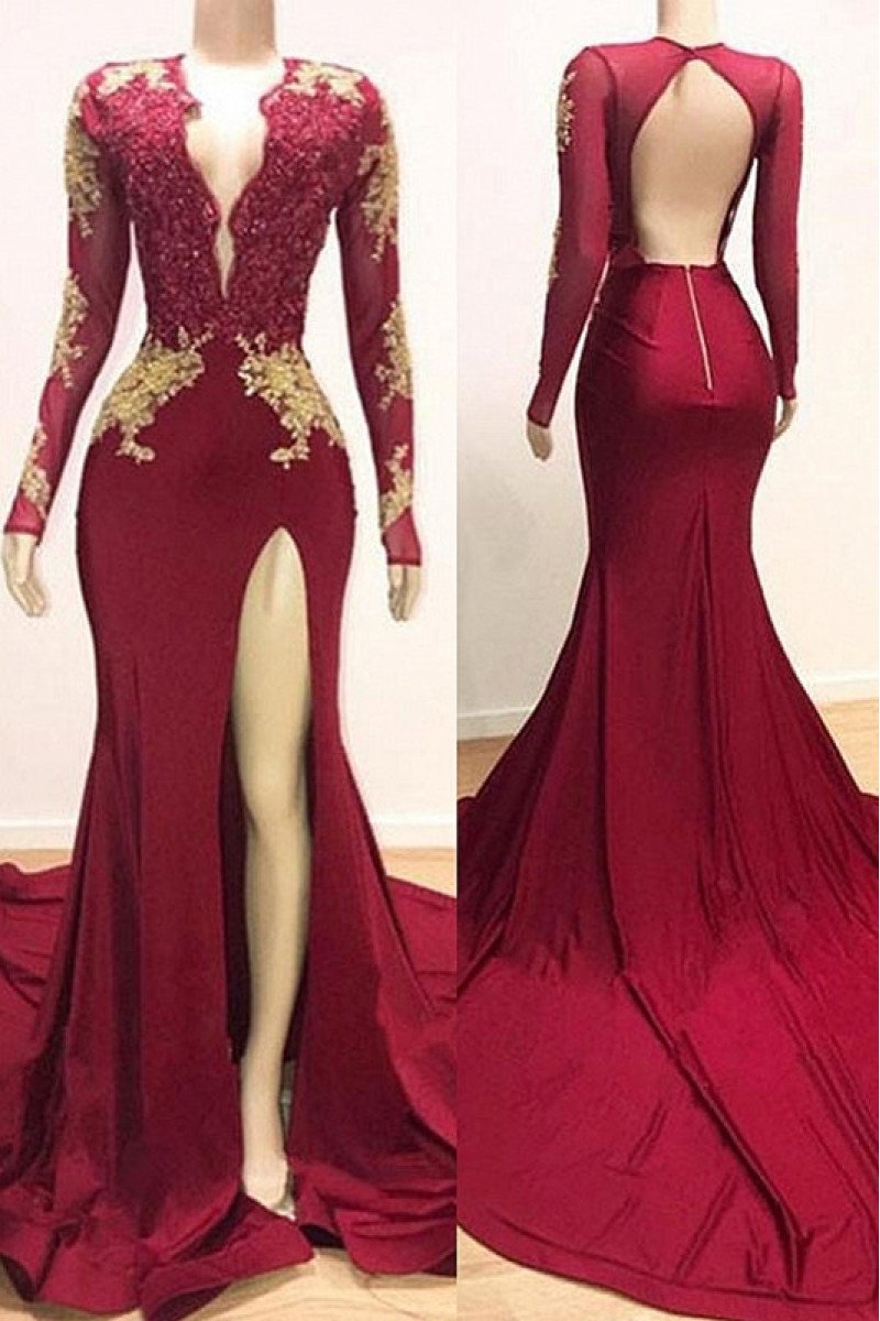 Gorgeous Burgundy V-Neck Long Sleeves Backless Mermaid Prom Dress