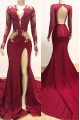 Gorgeous Burgundy V-Neck Long Sleeves Backless Mermaid Prom Dress