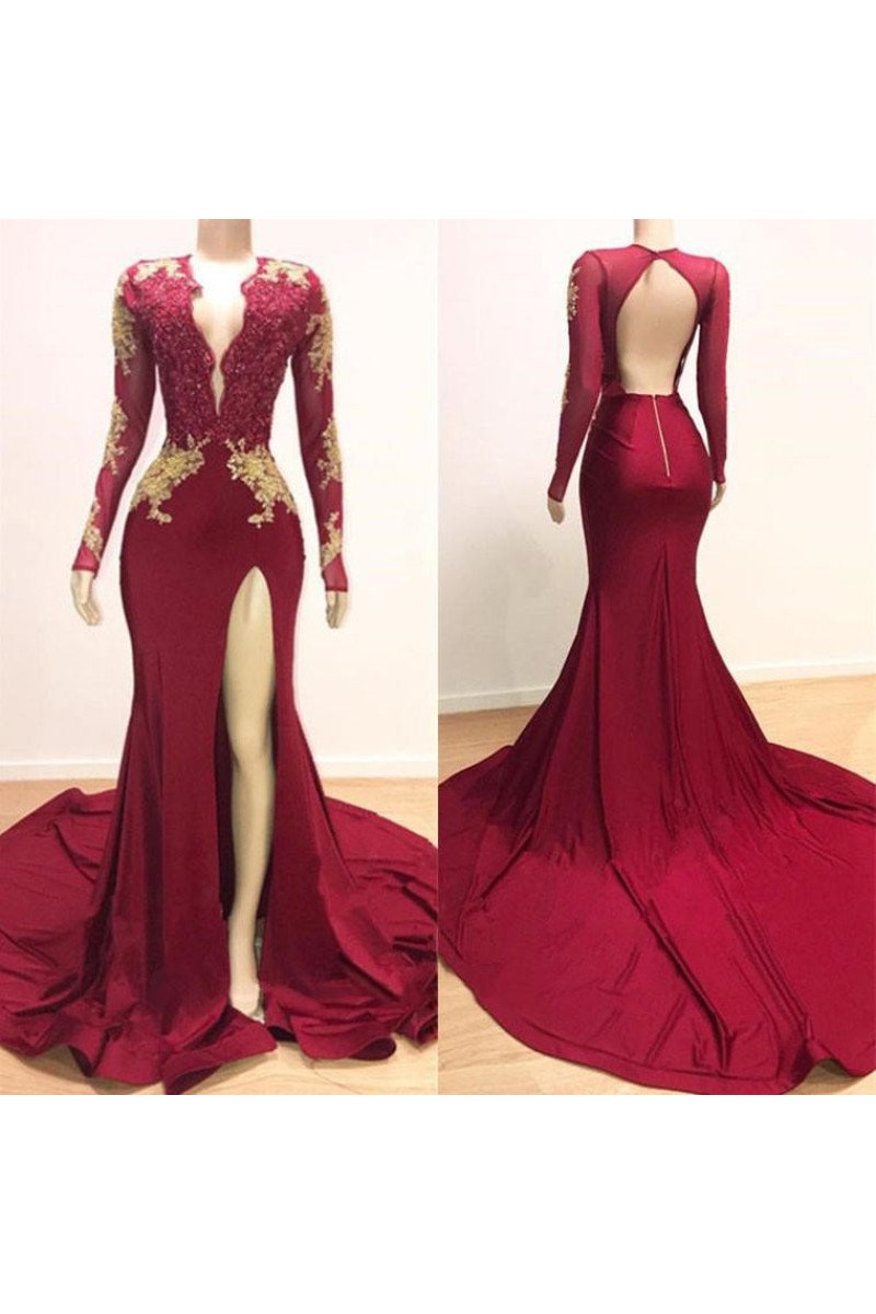 Gorgeous Burgundy V-Neck Long Sleeves Backless Mermaid Prom Dress