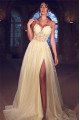 Champagne Spaghetti Straps Lace A-Line Side Slit Evening Dresses