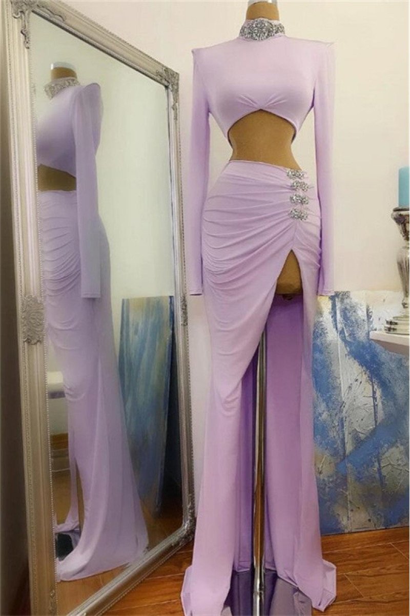 Lovely Purple Two Pieces High Neck Sheath Long Sleeves Prom Dresses with Crystal