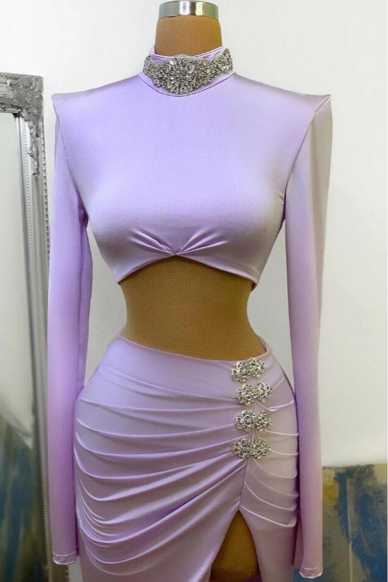 Lovely Purple Two Pieces High Neck Sheath Long Sleeves Prom Dresses with Crystal