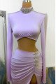 Lovely Purple Two Pieces High Neck Sheath Long Sleeves Prom Dresses with Crystal