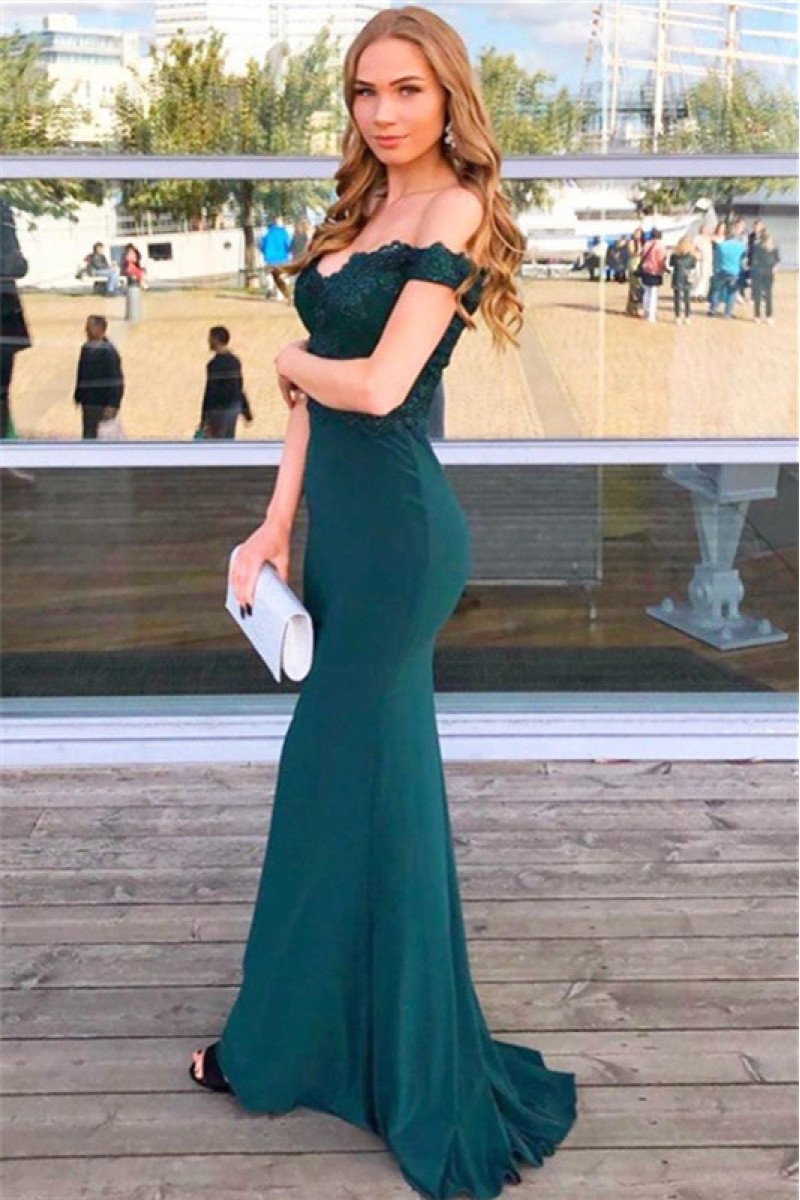 Modern Dark Green Sheath Off the Shoulder Appliques Evening Dresses