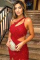 Classic Red Sequins One Shoulder Sleeveless Side Slit Sheath Prom Dresses