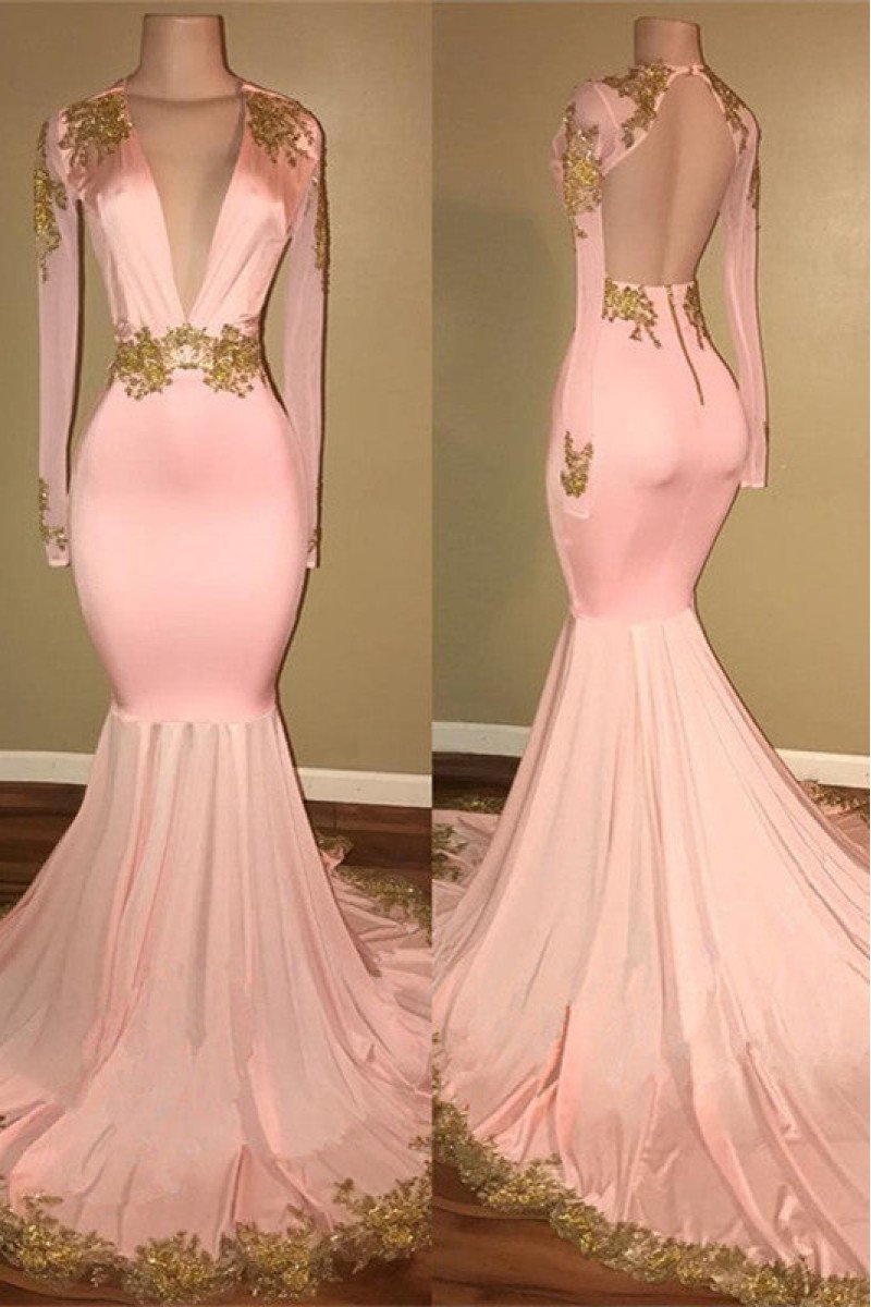 Pink Deep V-Neck Long Sleeves Appliques Mermaid Open Back Prom Dresses