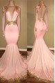 Pink Deep V-Neck Long Sleeves Appliques Mermaid Open Back Prom Dresses