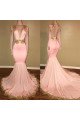 Pink Deep V-Neck Long Sleeves Appliques Mermaid Open Back Prom Dresses