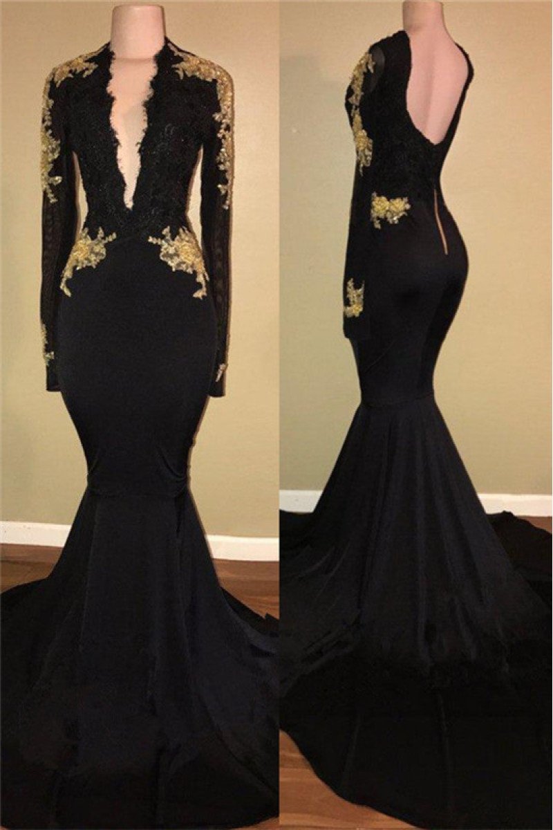 Glamorous Black V-Neck Long Sleeves Open Back Prom Dresses