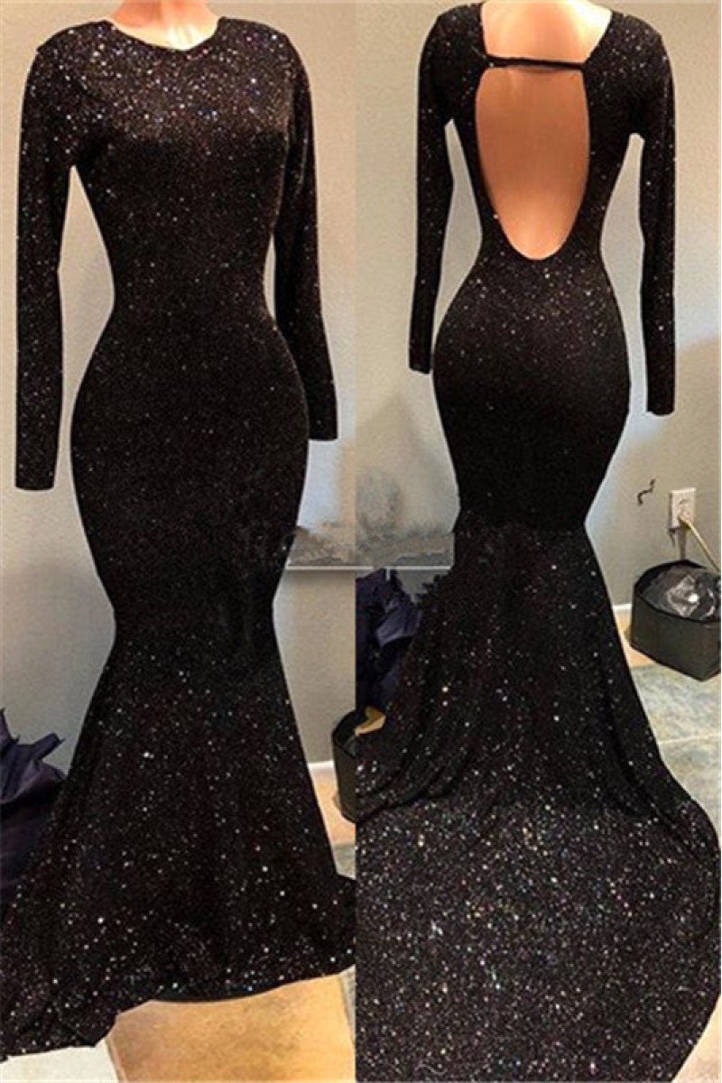 Sparkly Black Sequins Long Sleeves Open Back Prom dresses