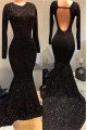 Sparkly Black Sequins Long Sleeves Open Back Prom dresses