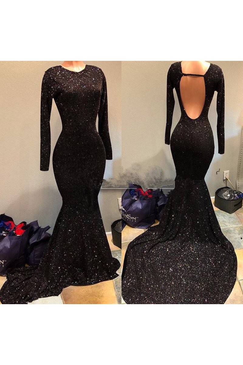 Sparkly Black Sequins Long Sleeves Open Back Prom dresses