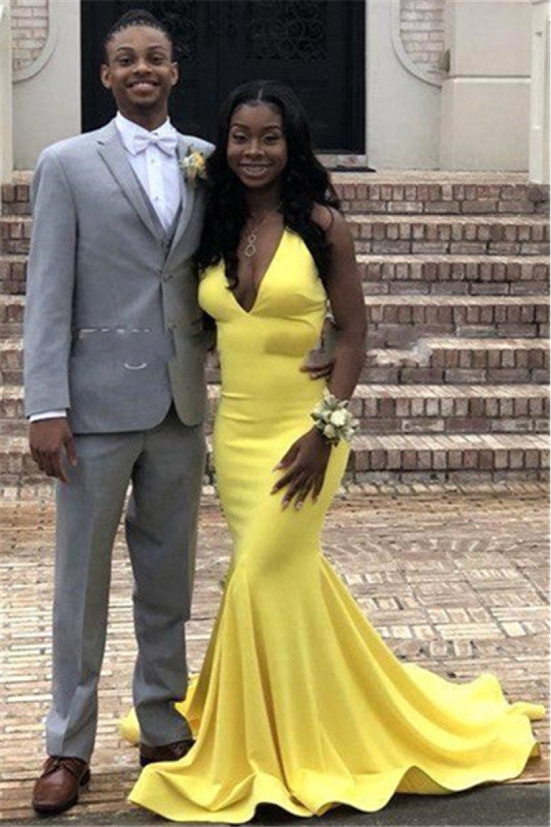 Simple Yellow Open Back V-Neck Mermaid Prom Dresses